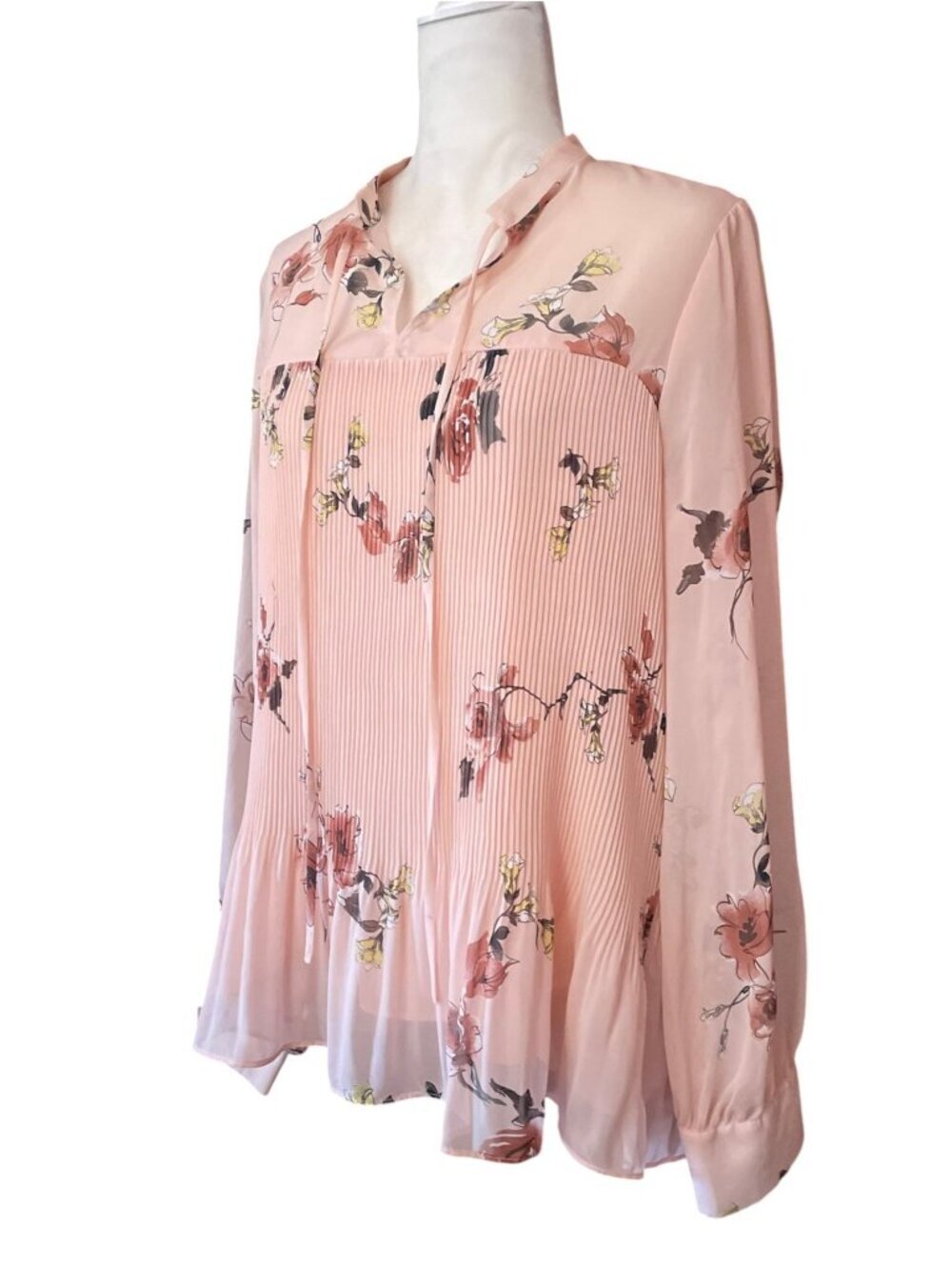 Pleione Blush Pink Floral Pleated Peasant Blouse Top Long Sleeve Size XL Boho - Picture 2 of 10